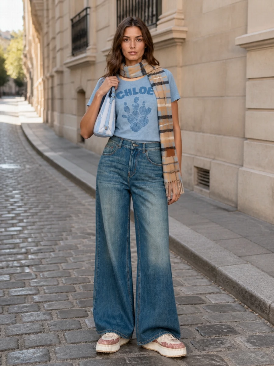 Chloe blue logo tee wide leg jeans outfit