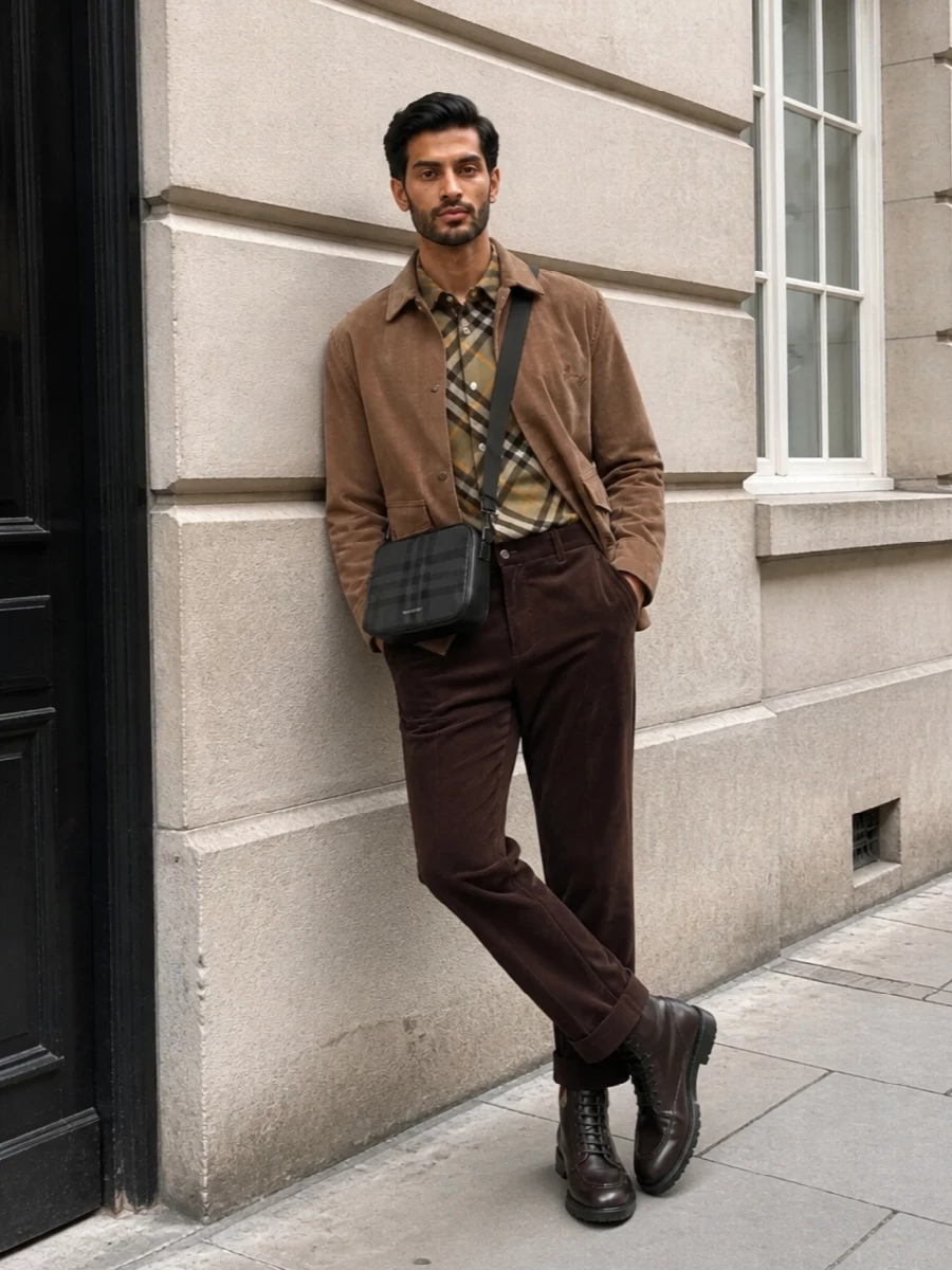 Burberry corduroy overshirt trousers outfit