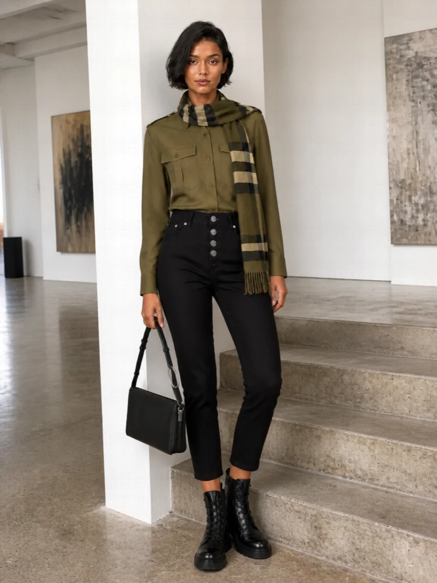 Dondup military shirt black cropped trousers outfit