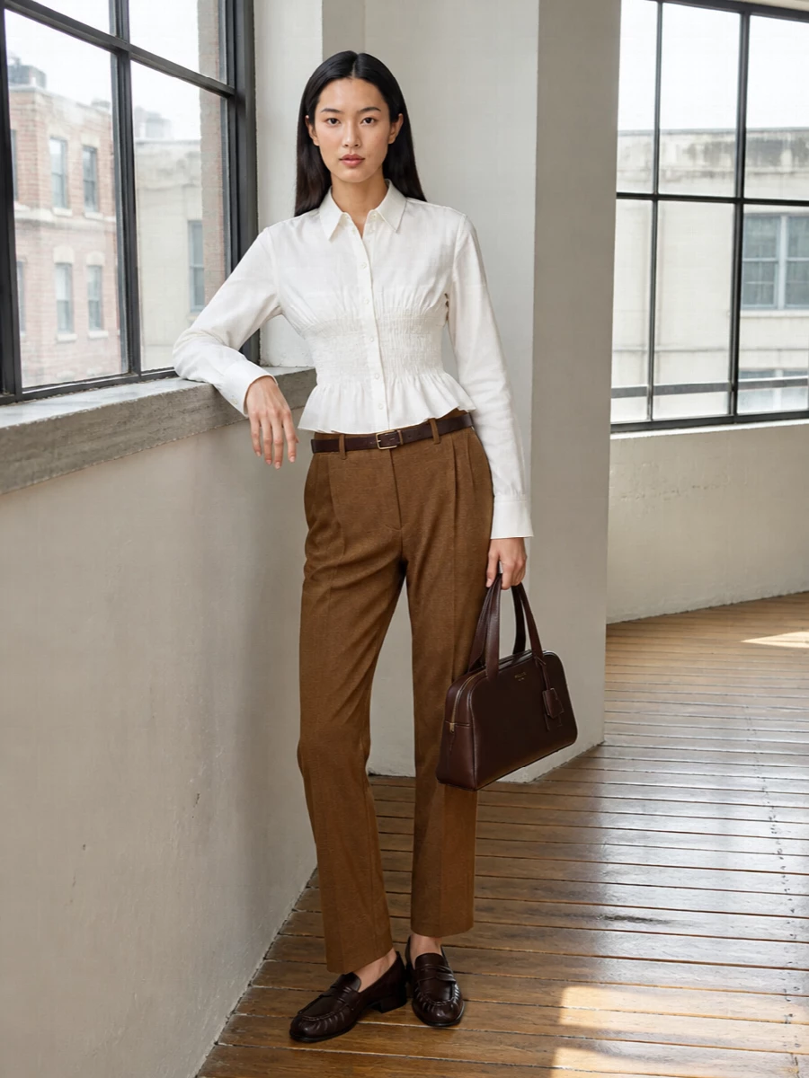 Prada camel trousers ivory shirt brown loafers