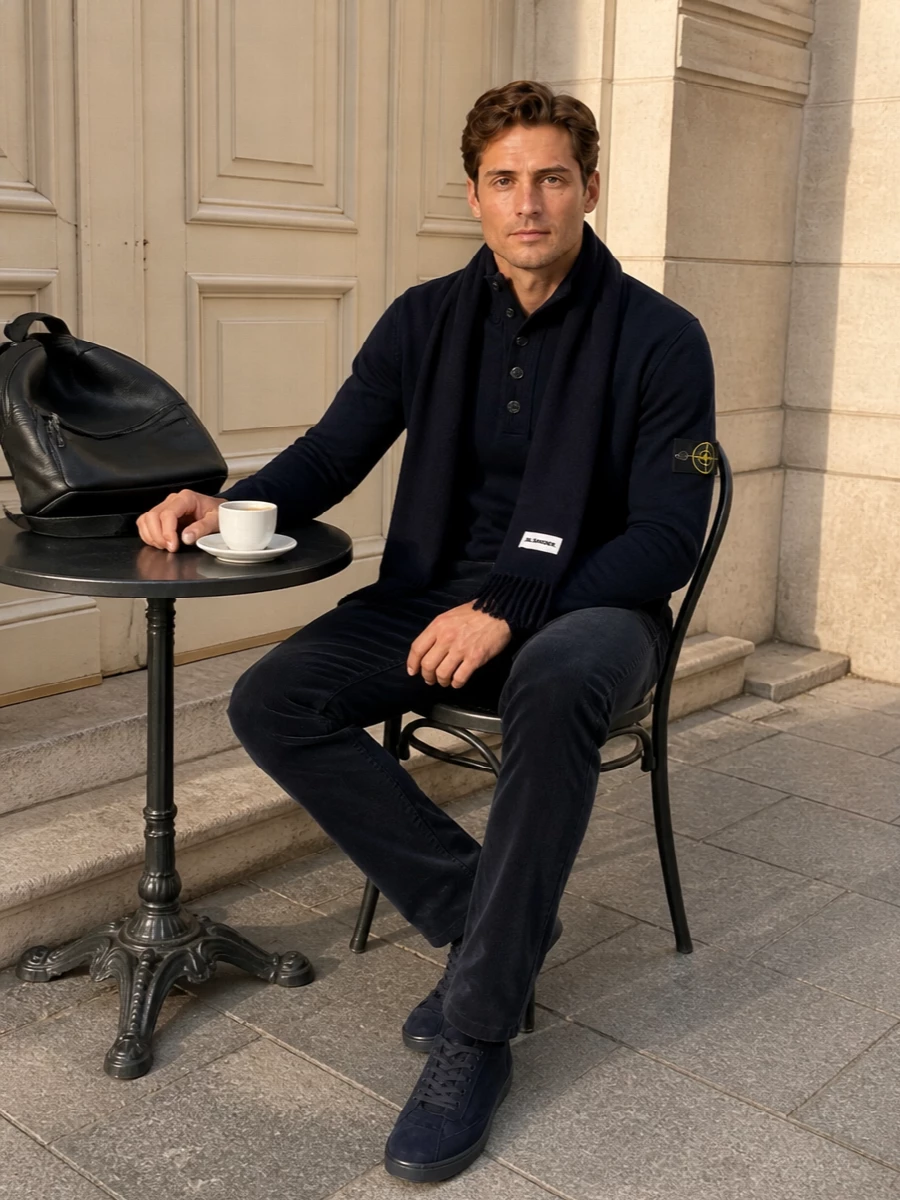 Stone island navy knit corduroy trousers outfit