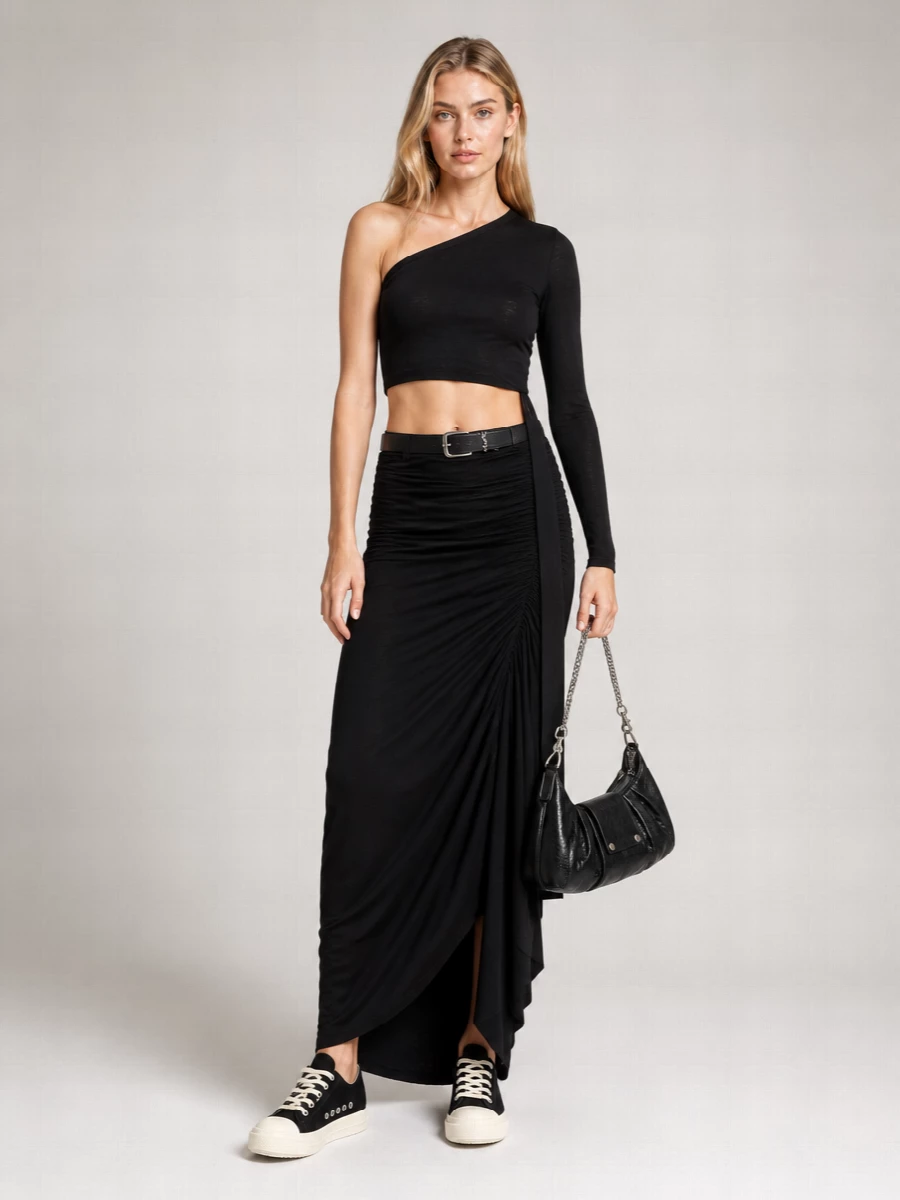 Rick Owens Drkshdw Cotton Soft Edfu Draped Wrap Maxi Skirt