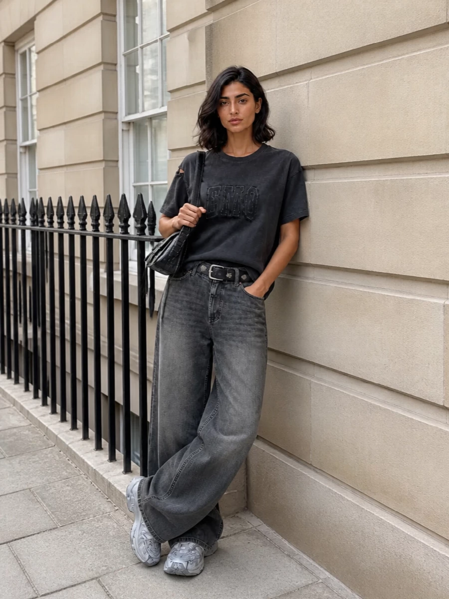 Balenciaga emo tshirt wide leg jeans sneakers