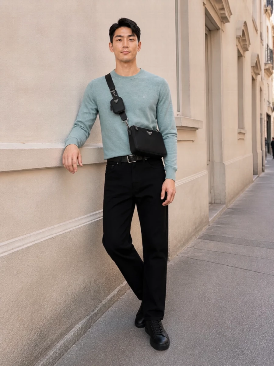 Acne black jeans blue knit prada bag