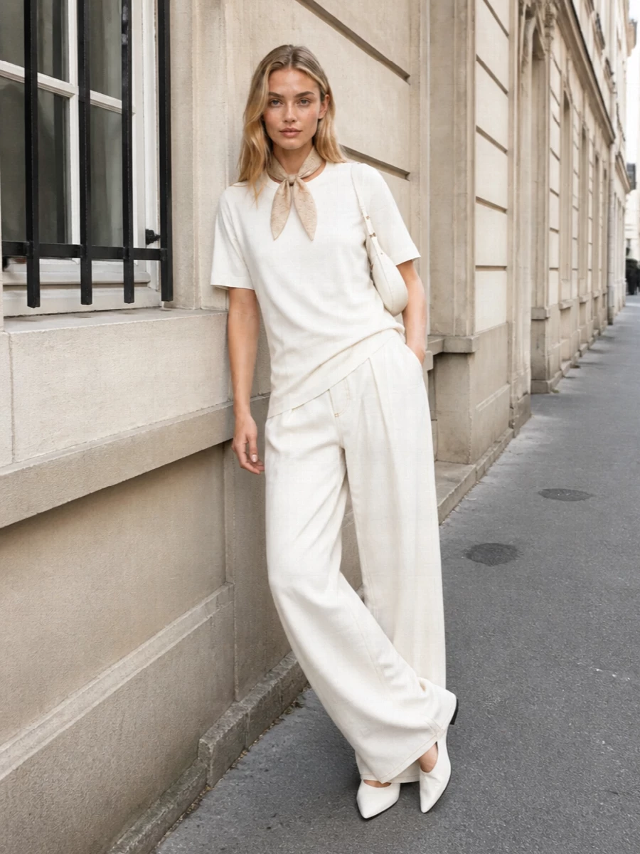 Minimalist ivory wide leg trousers tee outfit