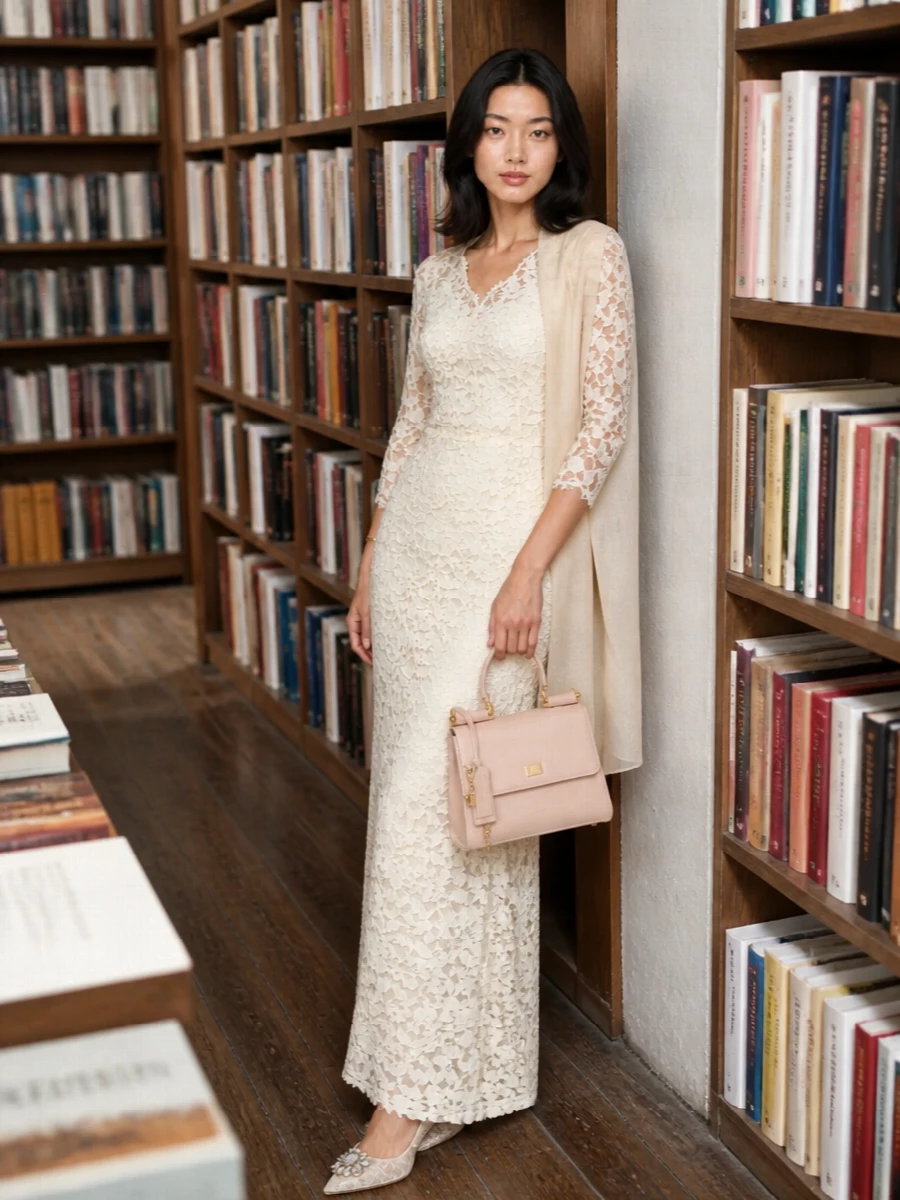 An ivory lace column takes center stage, kept tonally pure with champagne pumps and a blush leather top handle for a soft, romantic evening mood. A single slim gold cuff and whisper‑light neutral wrap add polish without disturbing the clean, elongated silhouette. This is a quietly opulent option for weddings, formal dinners or any night that calls for subtle couture energy rather than overt shine.