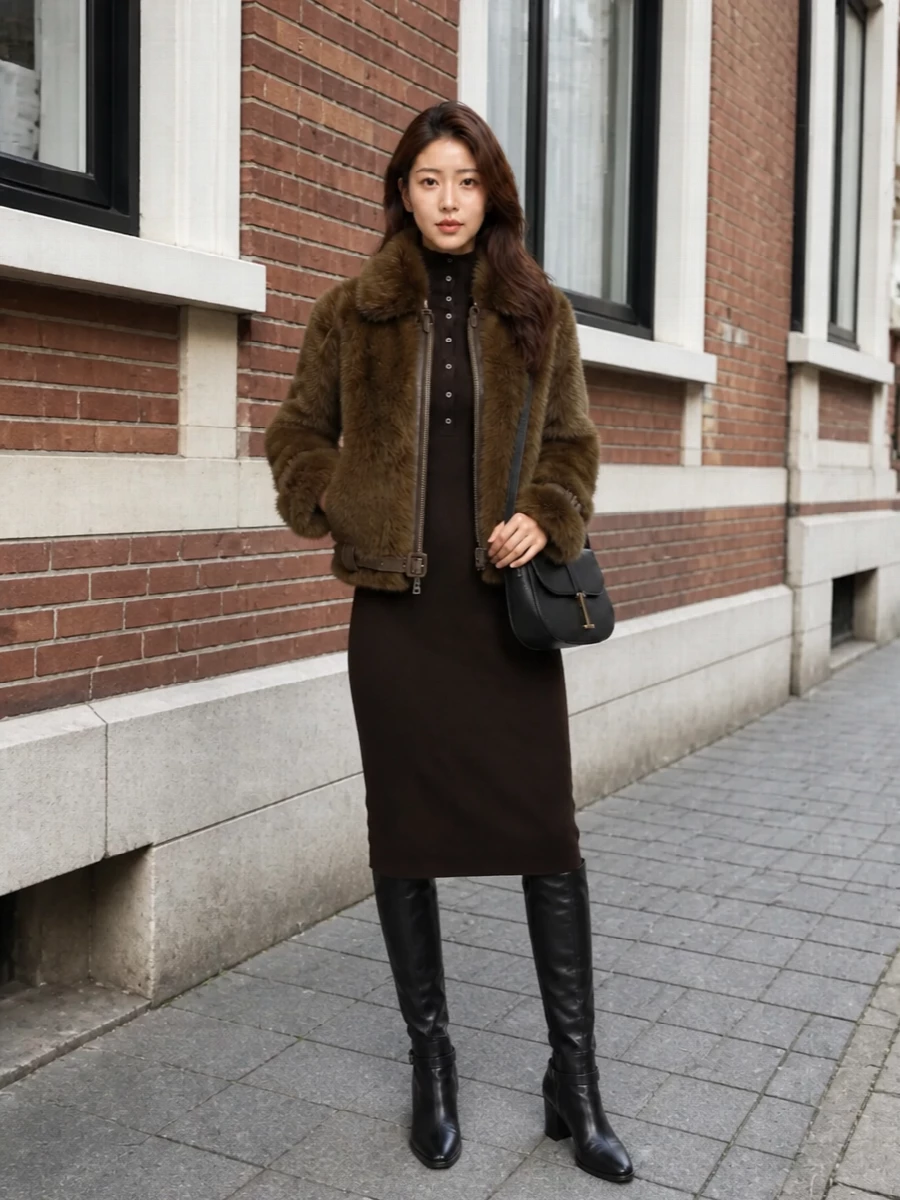 I’m building this around a rich, tonal column so the faux-fur bomber reads as the statement rather than one more competing texture. The chocolate ribbed midi and over-the-knee boots create a long, uninterrupted line, then the black saddle bag quietly ties back to the jacket’s leather trim and hardware for a city-ready winter ensemble that moves from day to late dinner. I chose the dress path over separates because the single, body-skimming base keeps the silhouette clean and lets the outerwear carry the drama without losing the quiet-luxury restraint.
