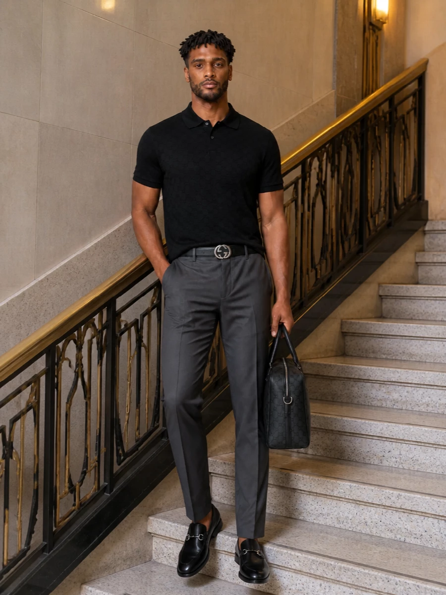 Gucci’s tonal black polo sits against slim charcoal tailoring for a clean, office-ready take on casual dressing. A sharply streamlined horsebit loafer and embossed belt keep the line refined, while the monogram briefcase adds structured purpose without breaking the monochrome mood. It is a quietly assertive uniform for days that move from desk to dinner with minimal adjustment.