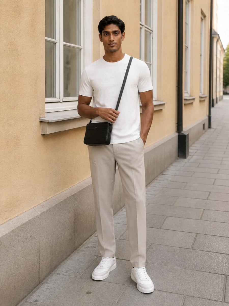 Givenchy taupe trousers white tee sneakers