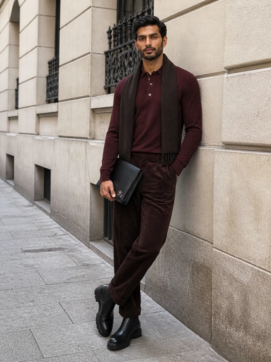 Mens burgundy knit polo corduroy outfit
