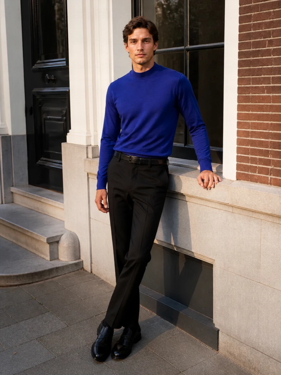Pt torino black trousers cobalt sweater outfit