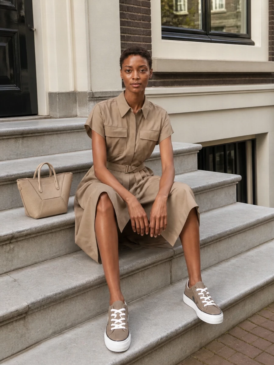 Brunello cucinelli sand shirt dress taupe sneakers