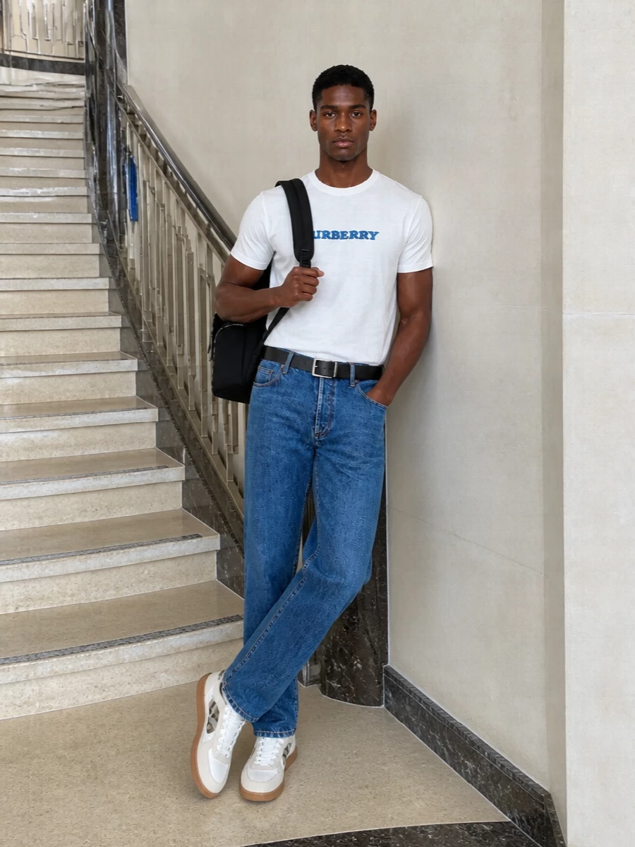 Burberry logo tee blue jeans sneakers outfit