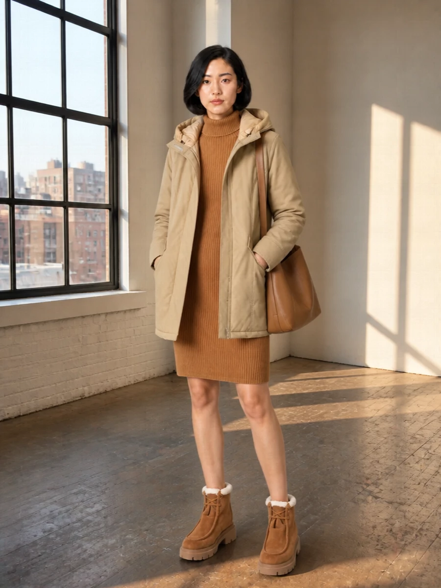 I am taking the dress route, using the ribbed camel sweater dress as a streamlined underlayer that mirrors the parka’s warmth without competing with its utility lines. The shearling-trimmed suede boots and camel leather hobo tote keep everything in the same sand‑to‑camel story, so the outfit reads as one long, soft column under the hooded coat. The result is a winter city ensemble that feels practical, tactile and calm rather than overtly sporty or overly tailored.