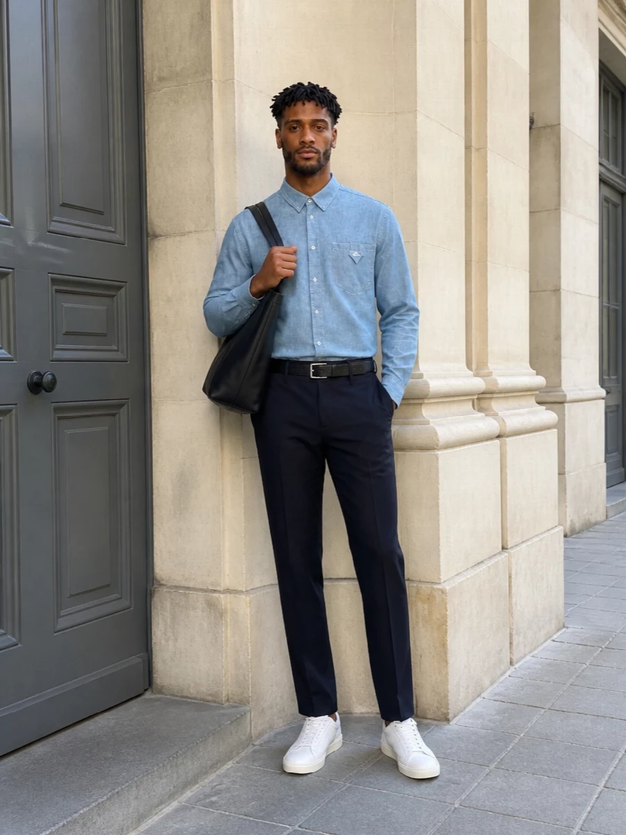 Celine chambray shirt navy trousers white sneakers