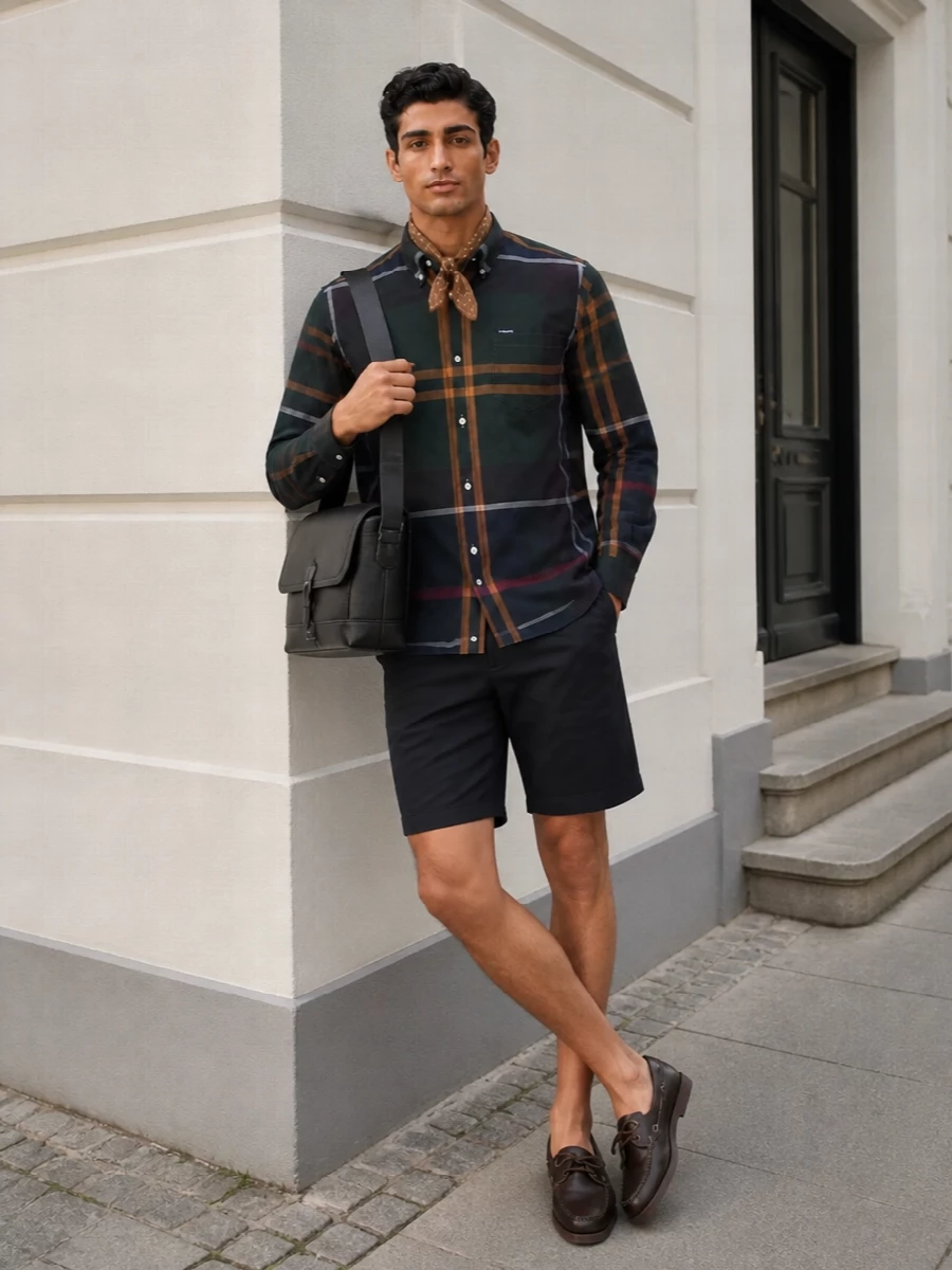 Barbour check shirt navy shorts paraboot shoes