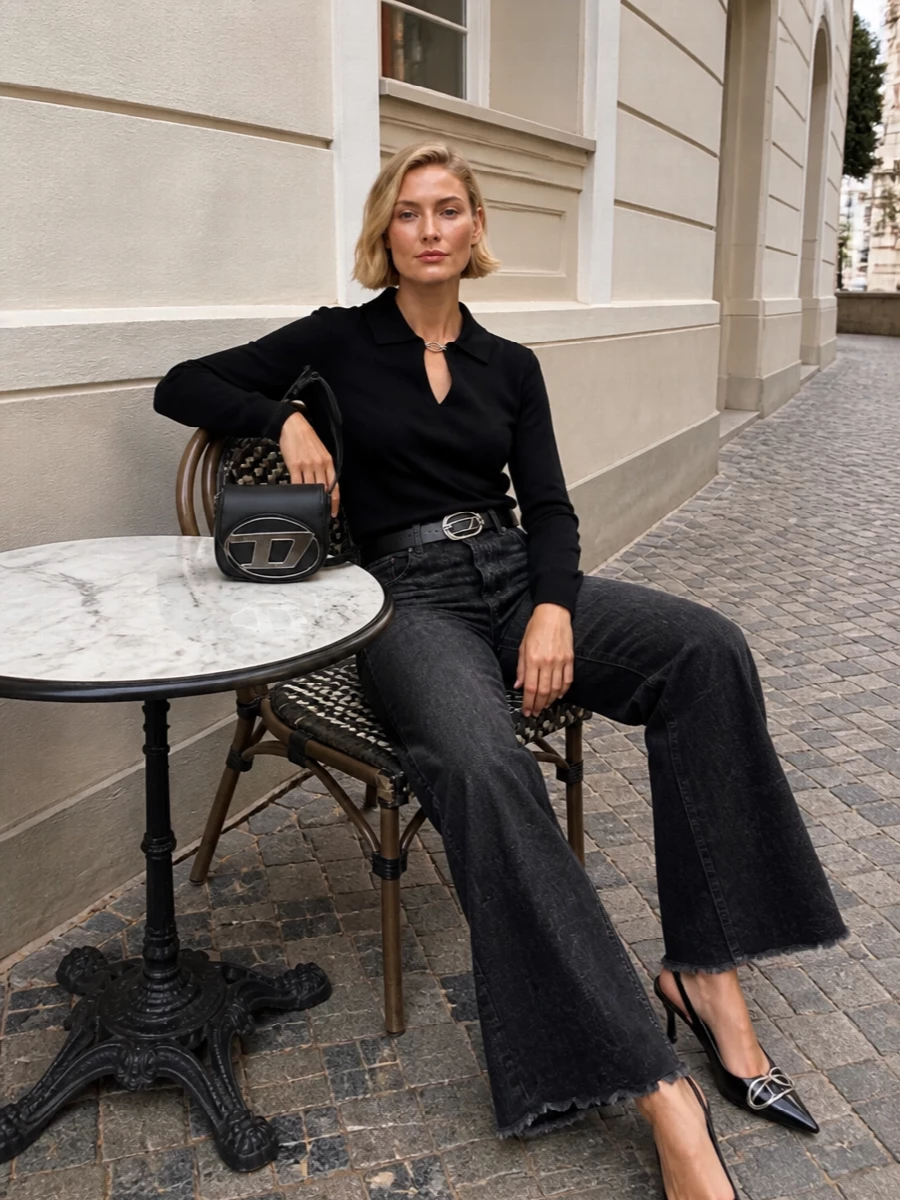 Diesel black polo wide leg jeans heels outfit