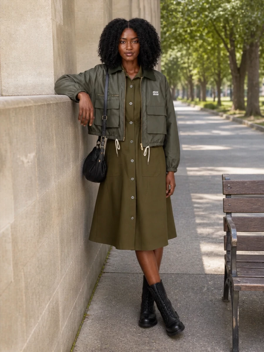 I chose the dress route so the Miu Miu bomber can sit cleanly over a single, elongated base rather than fighting with a separate top and bottom. The olive shirt dress and combat boots create a tonal, utilitarian column that lets the cropped jacket define the waist and volume. A small black baguette finishes the outfit with just enough polish to keep it urban and sharp rather than overtly sporty.