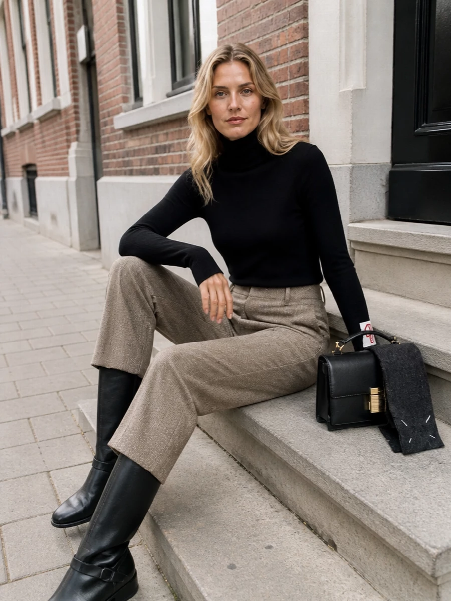 Golden goose turtleneck taupe trousers black boots