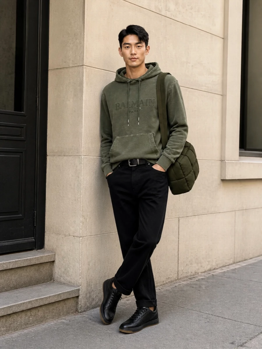 Balmain hoodie black denim streetwear outfit