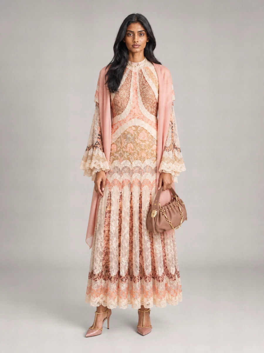 Zimmermann floral-print lace-paneled high-neck long-sleeve flared-hem maxi dress