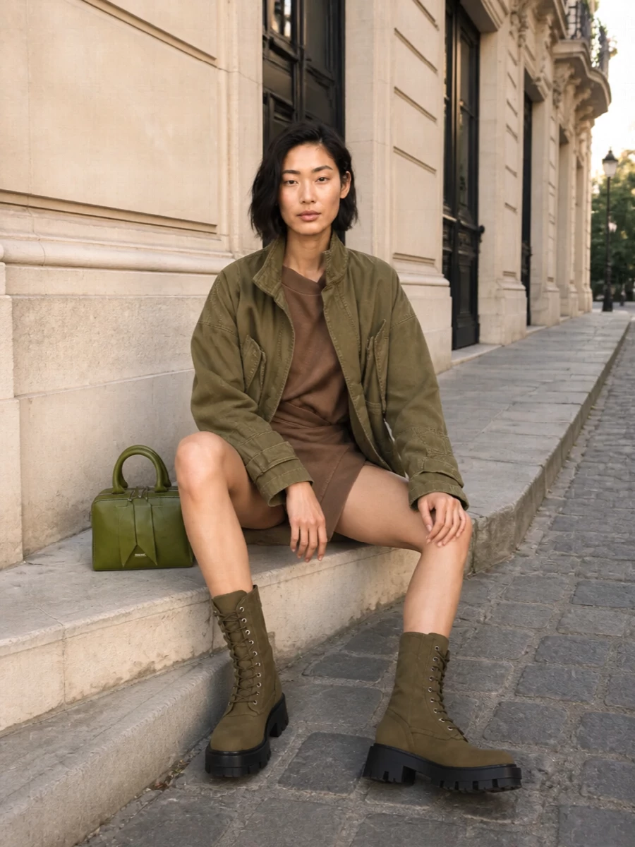 I chose the dress route to keep the silhouette clean, letting the cropped, oversized jacket and the asymmetric sweatshirt mini do the volume play without a competing cargo or jean. Tonal khaki, cocoa and olive keep it grounded and military-inflected, while the combat boots and structured mini bag sharpen the ease into something city-ready and intentional. It feels like off-duty Attico with a utilitarian kick, made for long pavement days that roll into low-key nights.