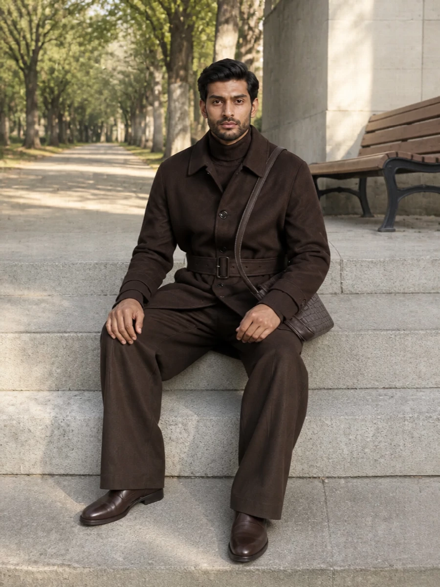 Lardini brown coat wide leg trousers boots
