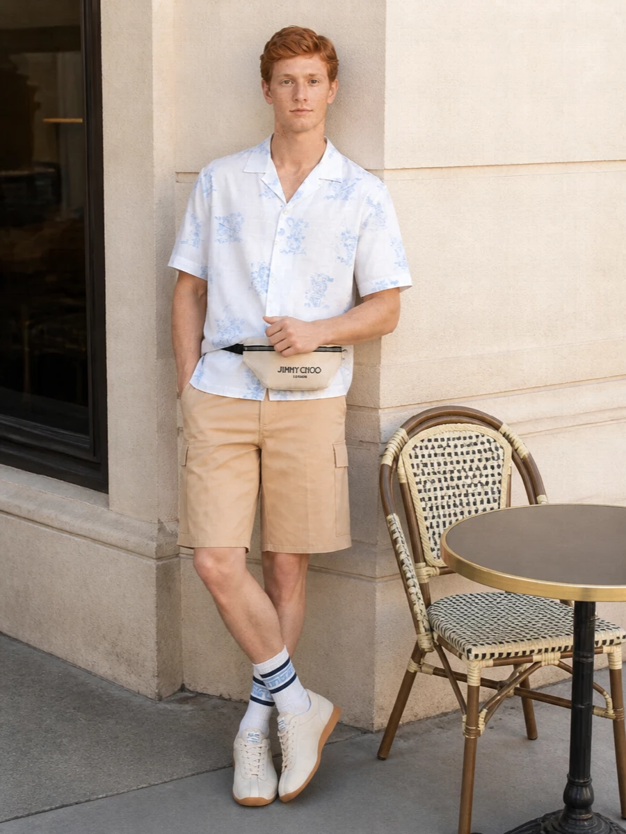 Kenzo sand cargo shorts floral camp shirt outfit