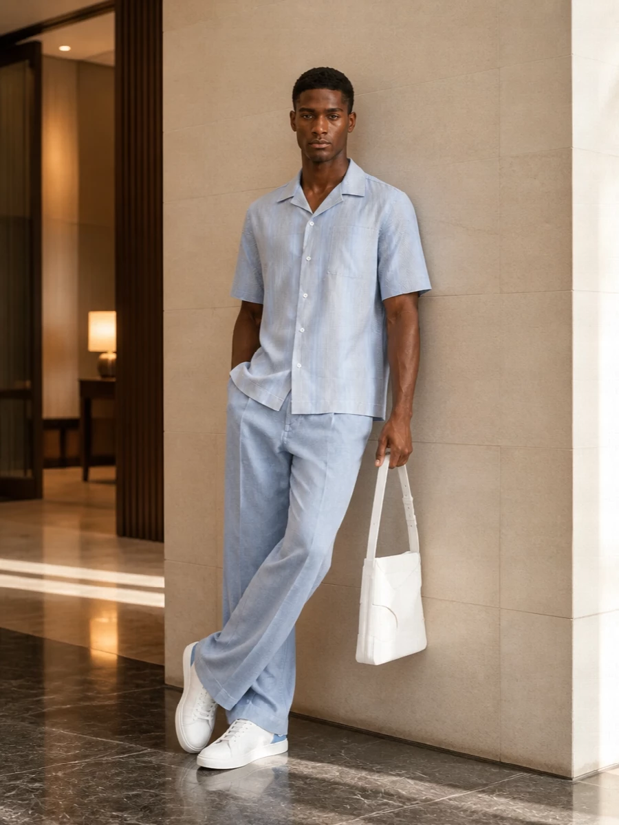 A soft blue palette runs from shirt to trouser, picking up the heel tab of the Louboutin sneakers for a calm, tonal take on warm-weather dressing. The relaxed wide leg balances the clean camp collar, while the sculptural white bag quietly sharpens the whole mix. It feels precise yet easy, ideal when you want polish without defaulting to classic navy-and-white.