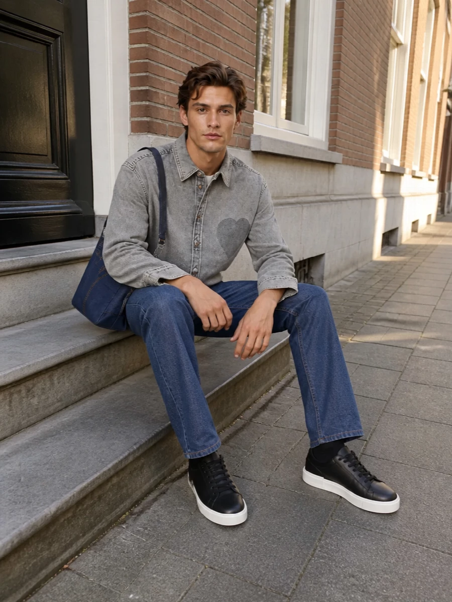 Moschino denim jeans washed shirt sneakers