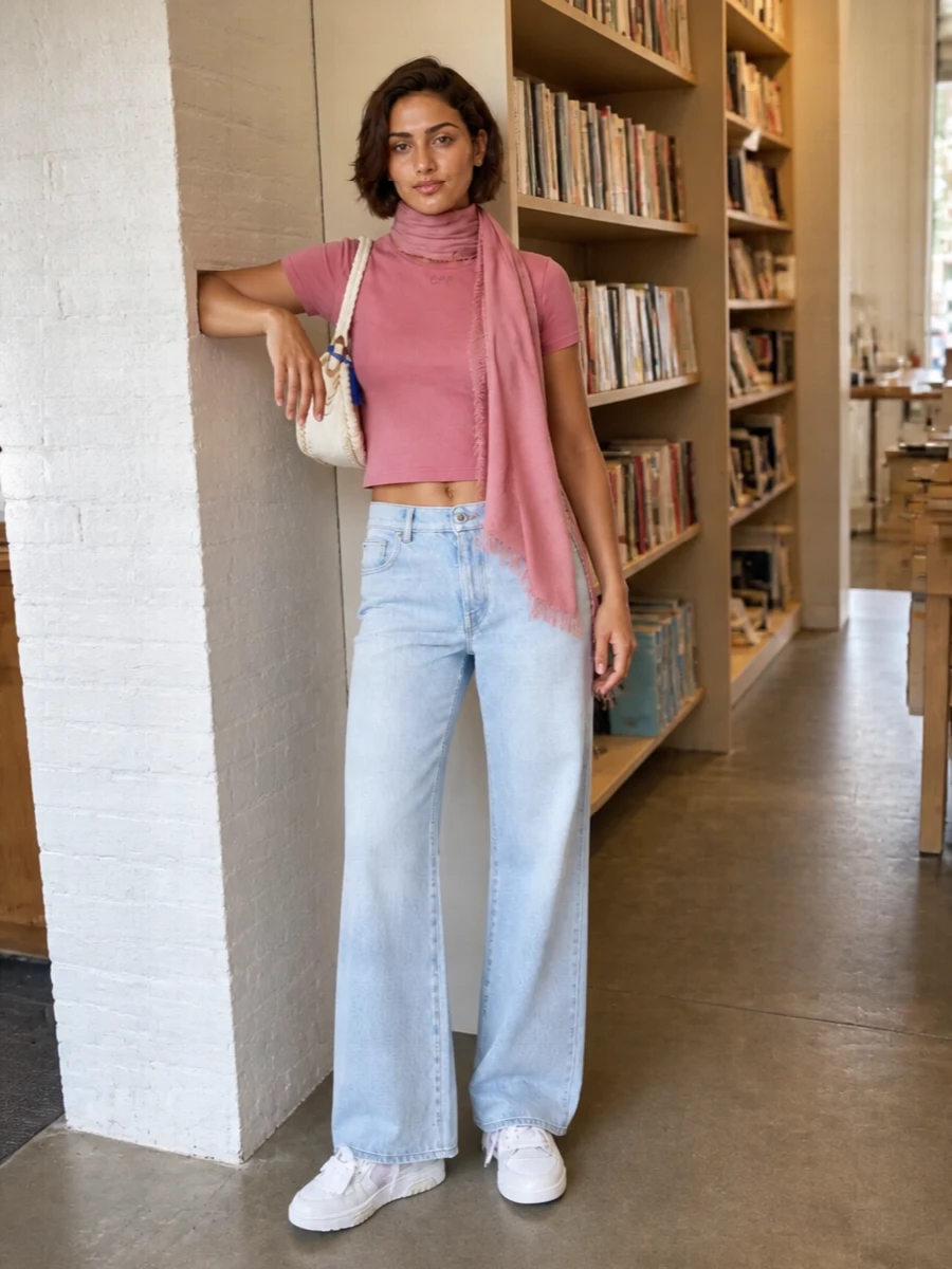 Off white cropped tee wide leg jeans outfit