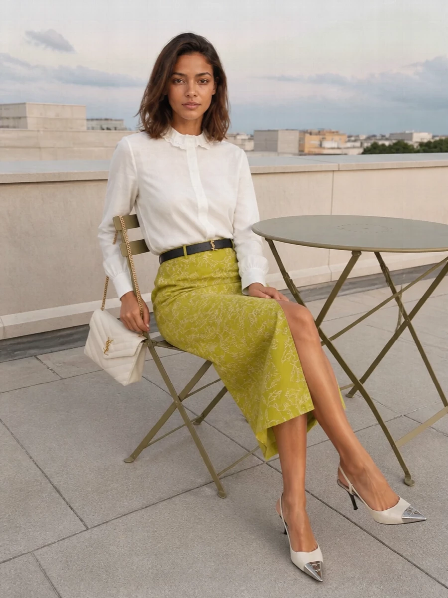 A chartreuse embroidered midi skirt is softened with an ivory lace-collar blouse for a romantic yet composed evening pairing. Cream slingbacks and a matching quilted shoulder bag keep the palette light and polished, while a slim black YSL belt quietly defines the waist. The result is poised, gallery-opening ready and focused on texture, movement and subtle shine rather than overt drama.