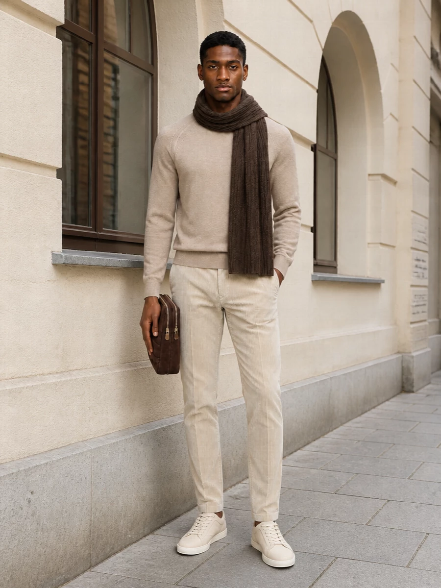 A soft beige crew is paired with light corduroy trousers for a tonal, textural take on smart casual. Pale neutral sneakers keep the line clean, while rich brown leather accessories introduce just enough depth. The result feels calm, precise and quietly confident for cooler days in the city.