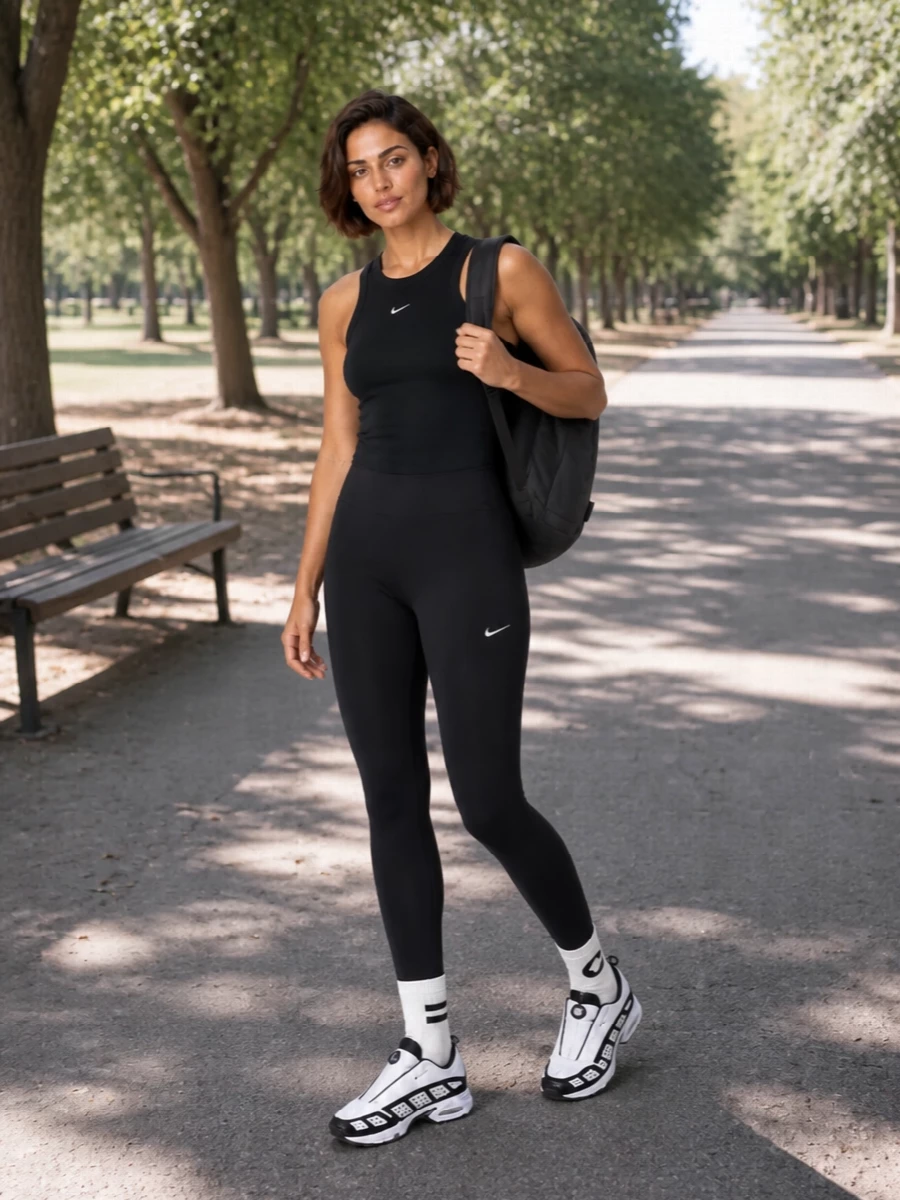 Head-to-toe black performance layers stay sharp and low-key, with the racerback tank echoing the leggings’ clean, sculpting line. White and charcoal hits at the sneakers, socks and backpack add just enough contrast for city runs or studio days without breaking the minimalist mood.
