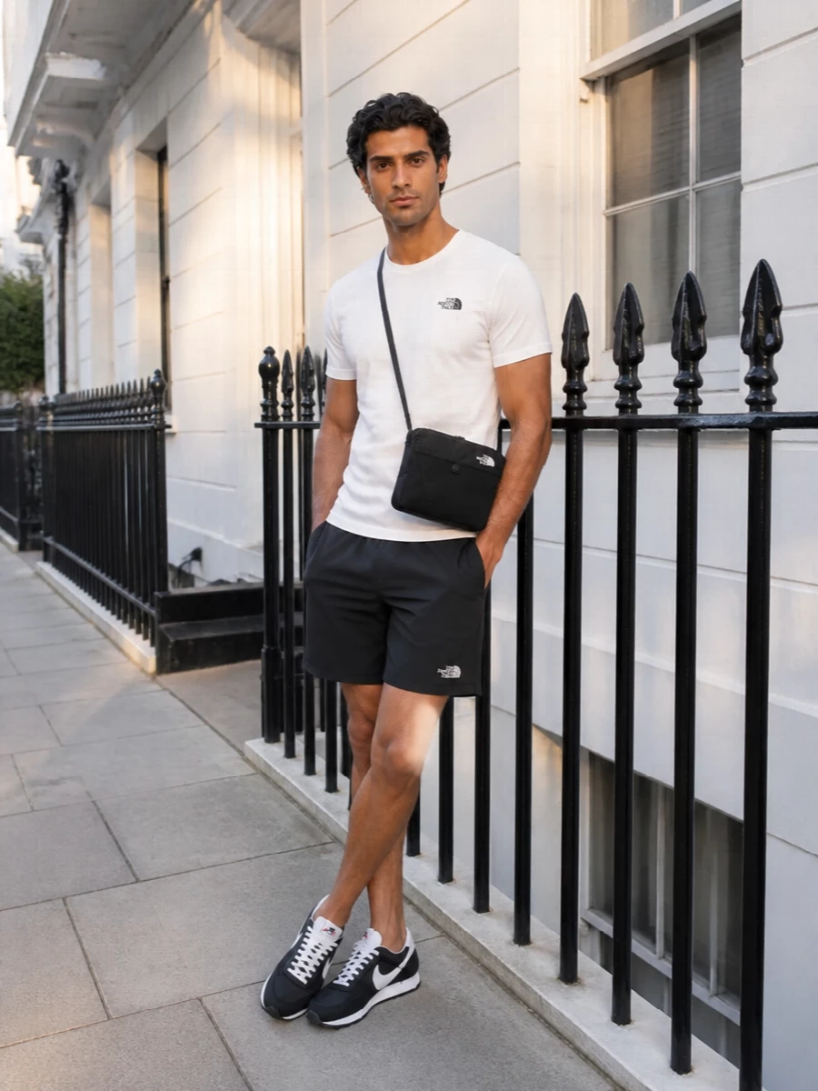 A crisp white logo tee with charcoal black deck shorts builds a tight, monochrome base that feels sporty but not overdesigned. Classic black-and-white runners keep it grounded and easy, while a slim technical crossbody adds just enough utility for city days or travel. The proportions stay clean and relaxed, ideal for warm weather and everyday movement.