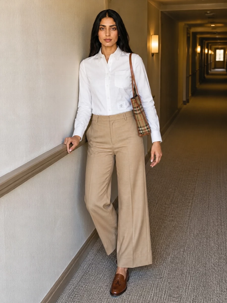 A crisp white Thom Browne shirt and camel wide-leg trousers form a quietly confident, preppy base that speaks the same language as the structured Burberry tote. Camel and chestnut tones keep the palette warm and precise, while the heritage tassel loafers underline the uniform feel without tipping into stiffness.