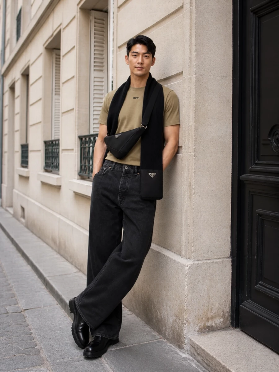 Off white khaki t shirt wide leg jeans outfit