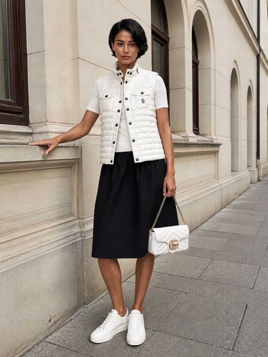 I am styling the Moncler Grenoble gilet over the Totême two-tone dress to keep a strict black and ivory palette and a streamlined column, rather than breaking it with separate top and bottom. The Balmain sneakers and quilted Gucci bag echo the quiet-sport, city-ready mood, so the result feels like an intentional urban uniform rather than après-ski gear. Every piece is minimal, technical-leaning and luxe, so the outfit reads calm and precise even with mixed brands.
