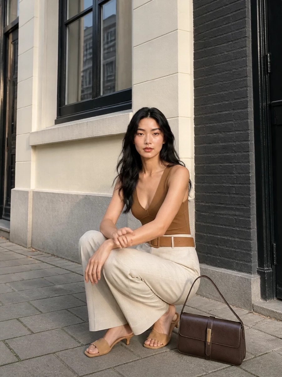 Camel and light beige sit quietly together here, the fitted knit tank and high-waisted fluid trouser creating a long, clean line. A low camel suede mule and structured chocolate shoulder bag keep everything pared back yet intentional, while the wide tan belt adds just enough definition at the waist. It is a warm, tonal take on day-to-dinner polish that feels precise but never stiff.