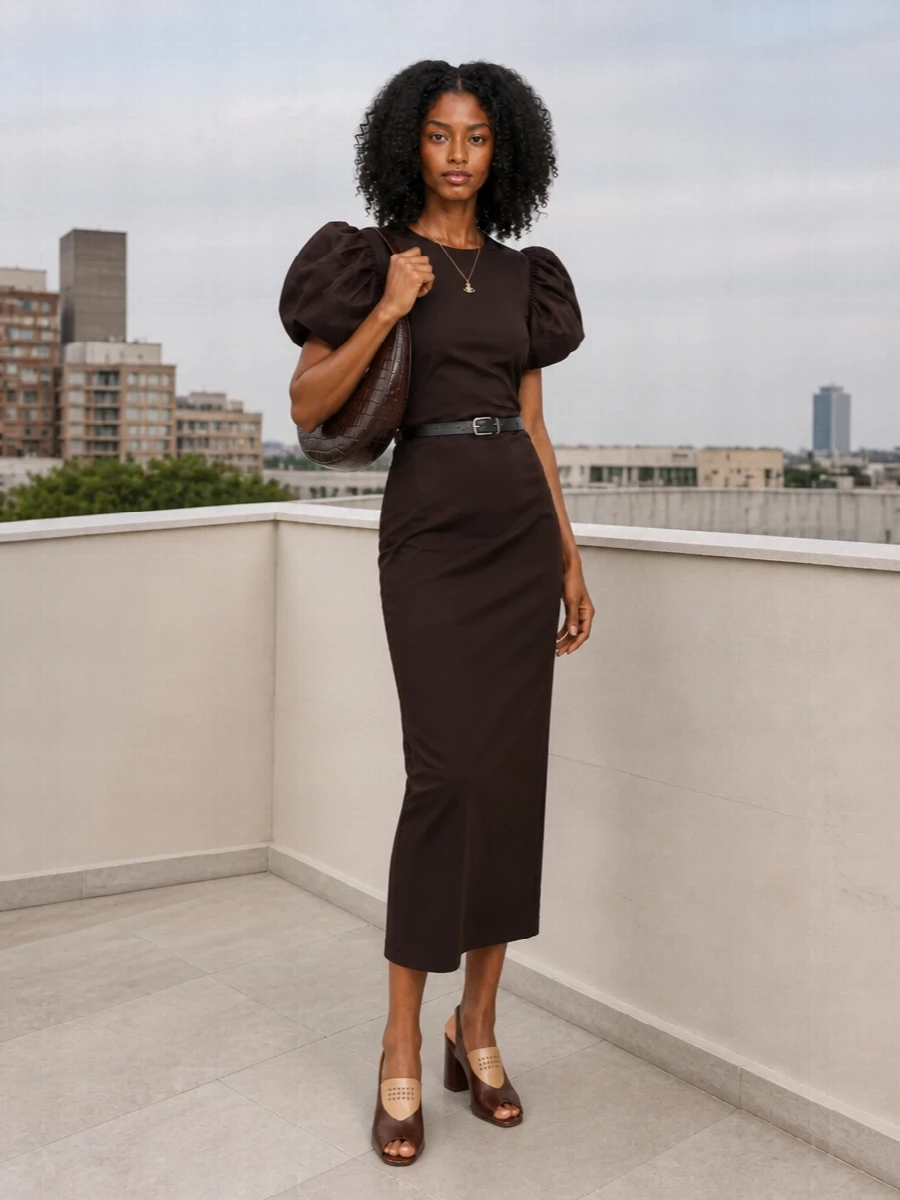 Rotate brown midi dress chocolate heels bag