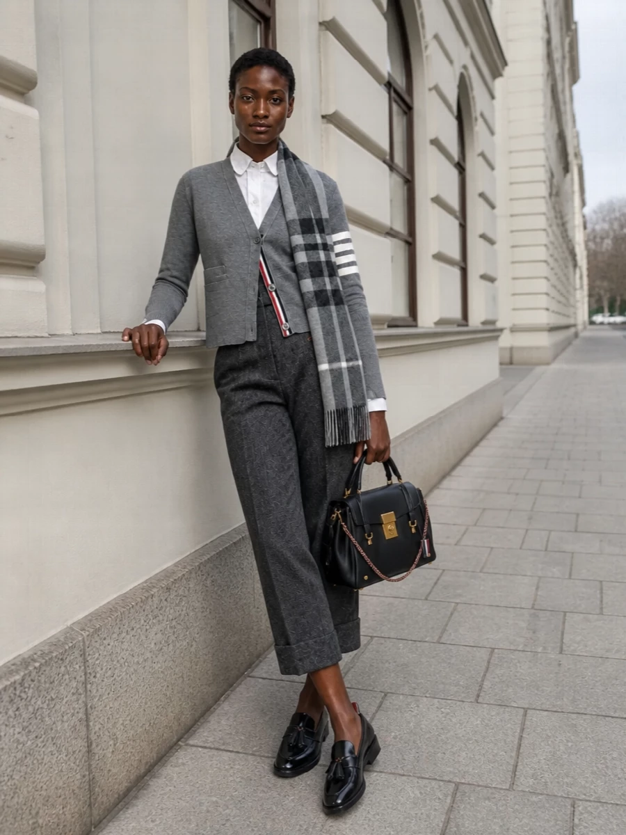 Thom browne grey cardigan cropped trousers outfit