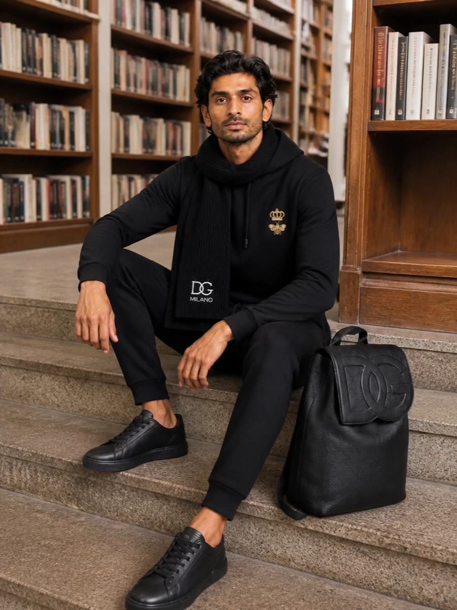 An all-black Dolce&Gabbana set keeps things sharp and relaxed, pairing the bee-crested hoodie with tailored-feeling drawstring trousers that read more city than gym. Sleek monochrome sneakers and a structured leather backpack hold the line between sport and polish, while the ribbed scarf quietly reinforces the logo story. The result is a modern off-duty uniform that feels composed, not casual-sloppy.