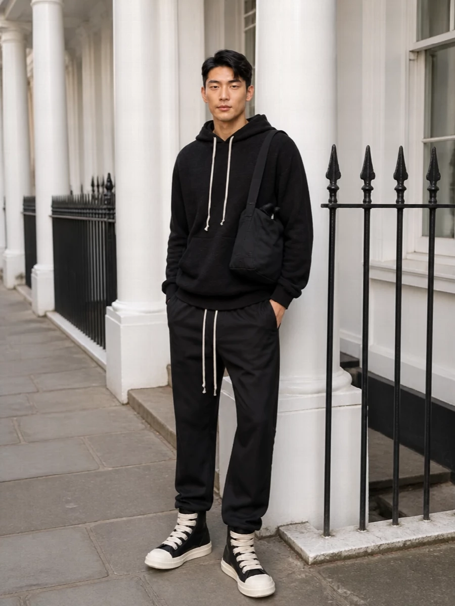 Rick owens black hoodie high top sneaker outfit