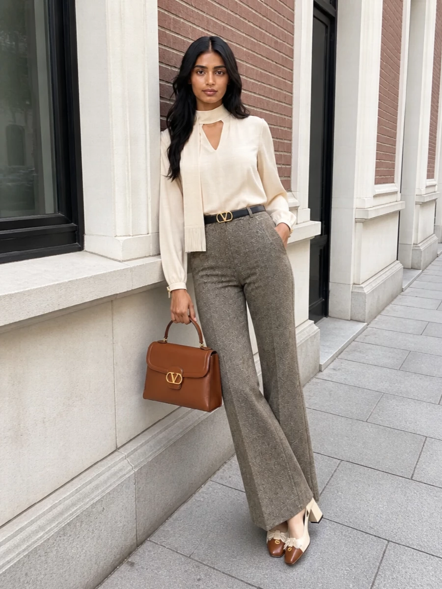 Tailored taupe flares meet a liquid buttercream scarf-tie blouse for a quiet, elongated line that feels assured from desk to dinner. Cream and chestnut block-heel pumps and a cognac top-handle bag warm the neutrals without breaking the calm. A slim croc-embossed belt sharpens the waist, keeping the whole ensemble precise yet soft.