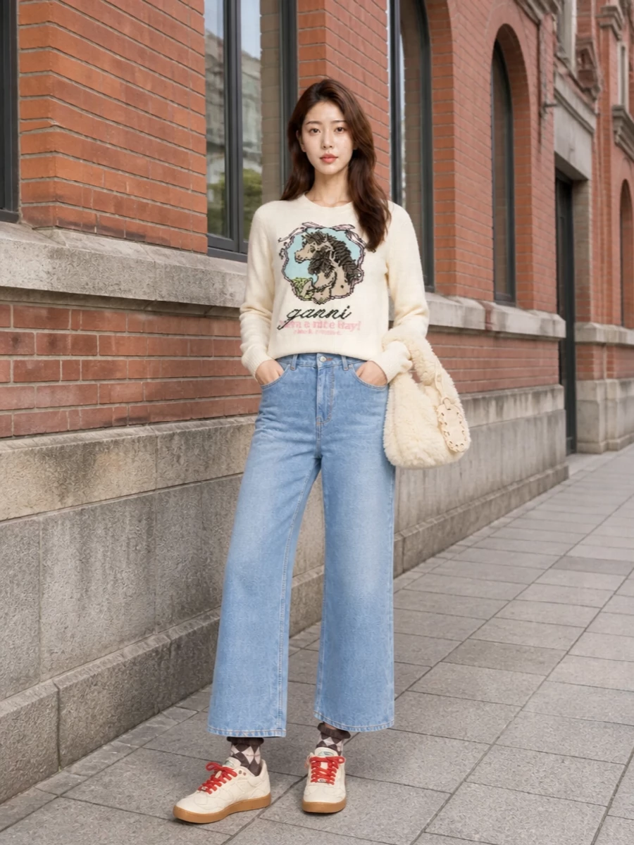 Ganni horse sweater wide leg jeans outfit