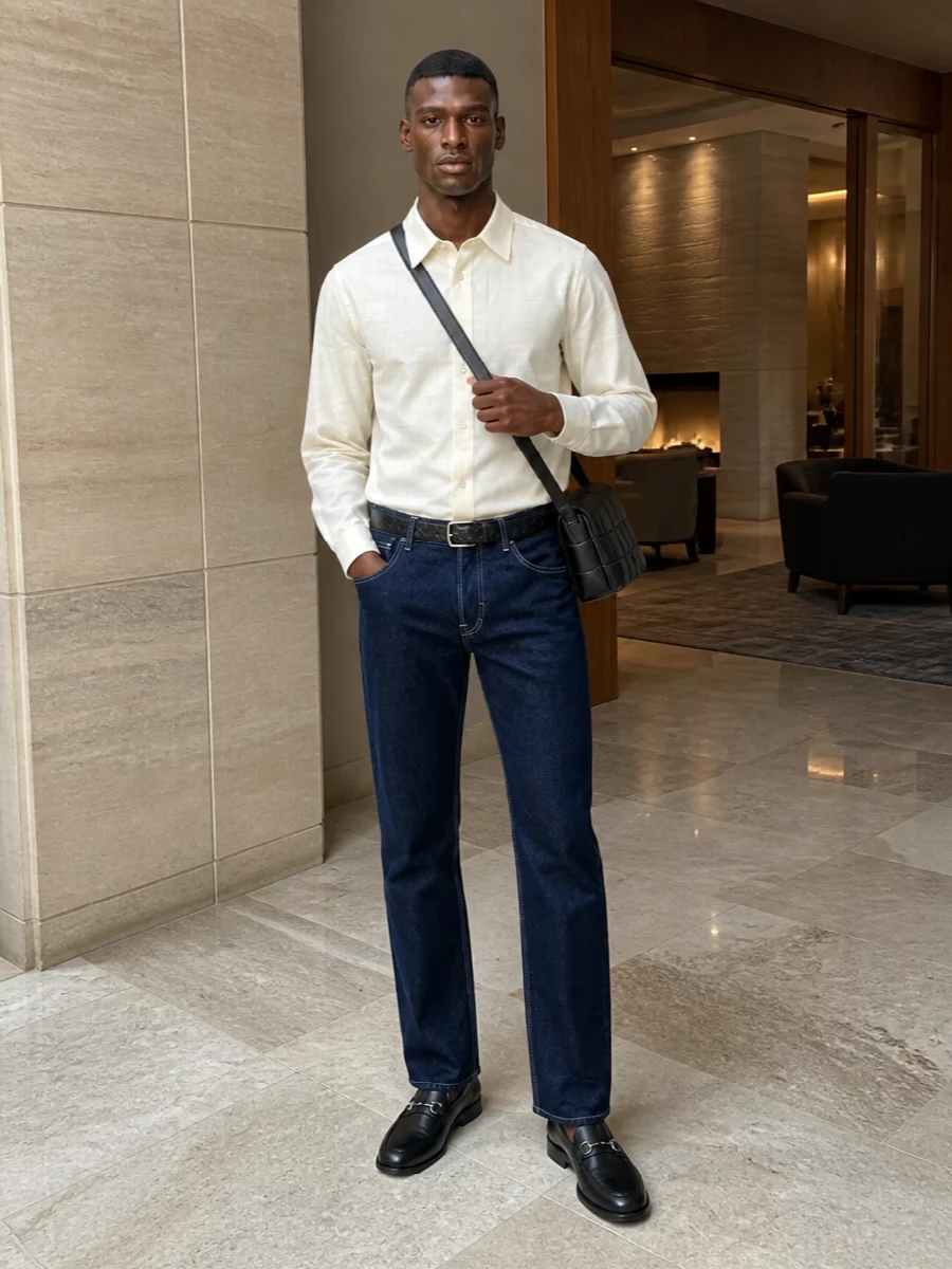 Dark‑indigo, trouser-like Gucci denim is paired with a creamy Gucci shirt for a crisp, tonal contrast that still feels soft and understated. Black pebbled loafers sharpen the line without over-formalising, while the Bottega crossbody and matching belt bring a cohesive, crafted black accent that keeps the whole look firmly in the quiet-luxury space. It’s an elevated off-duty uniform that moves easily from daytime city errands to a low-key dinner reservation.