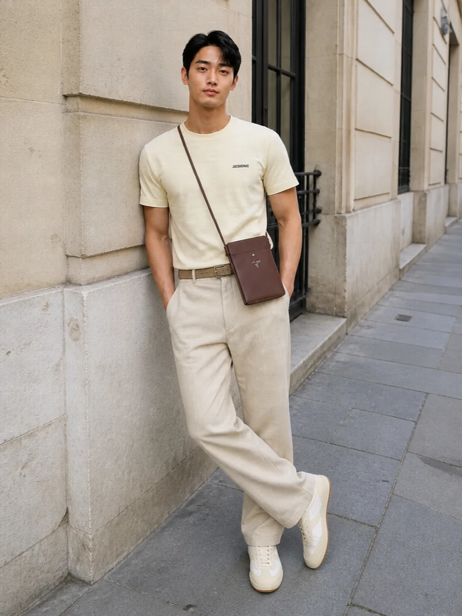 This look builds on the buttercream Jacquemus tee with relaxed light-beige trousers for a fluid, tonal SS silhouette that feels effortless yet intentional. Buttercream-and-tan sneakers keep it grounded in a Riviera mood, while the chocolate Celine crossbody and tan braided belt add just enough depth and structure to keep the outfit quietly luxurious and pulled together.