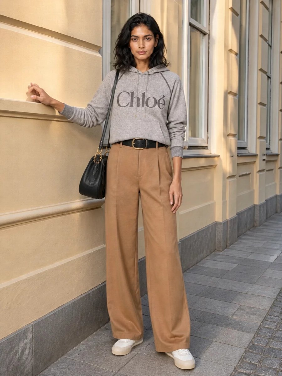 Chloe hoodie camel wide leg trousers outfit
