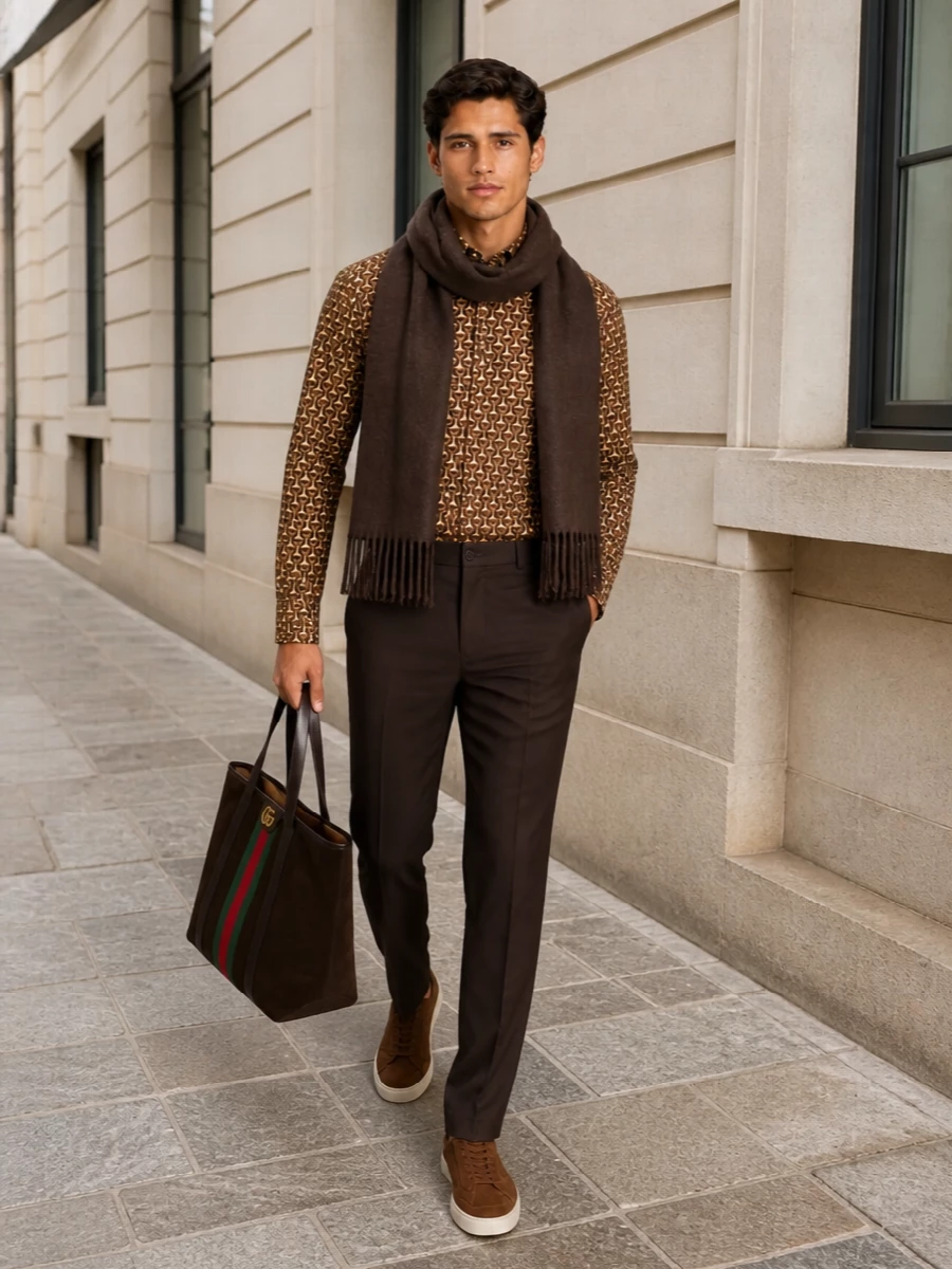 The outfit frames the graphic Gucci shirt with deep espresso tailoring, allowing the goblet motif to stand out against a sleek, elongated leg. Chestnut suede sneakers keep the mood polished yet easy, while the dark brown web-detailed tote and chocolate scarf pull the warm browns together into a coherent, quietly luxurious FW look. It’s smart, Italian-preppy and characterful without ever feeling overdone.