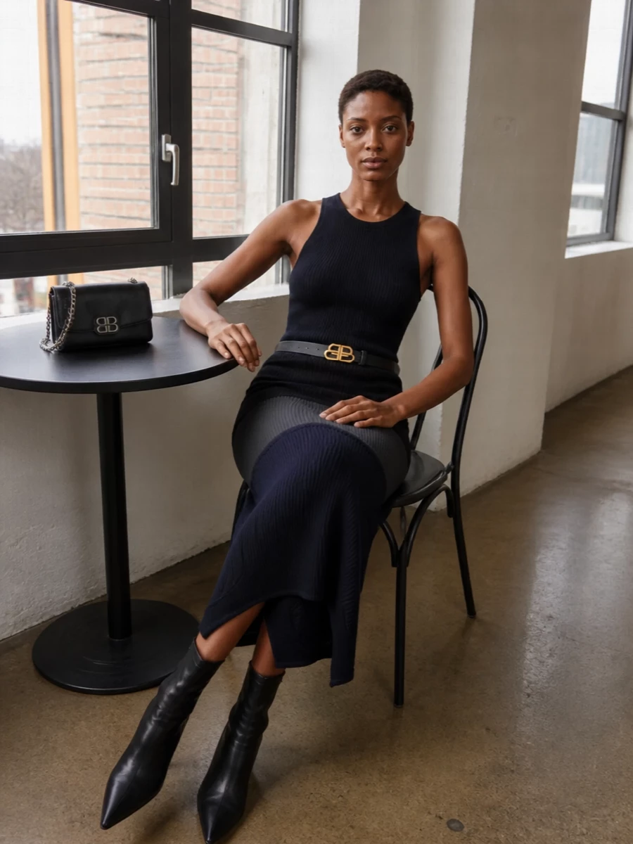 Balenciaga ribbed midi dress black sock boots